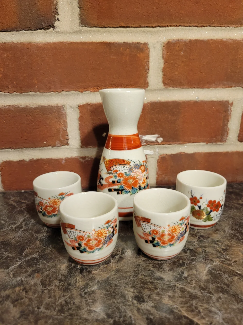 Porcelain Sake Set with Orange Florals